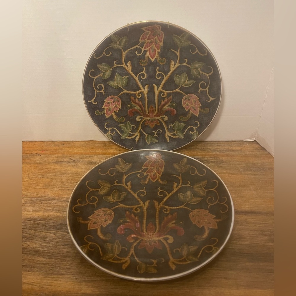 2 Vintage Oriental Accent Decorative Plates  Blue, Gold, Floral, 10"